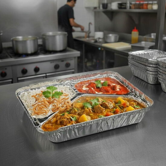 3 Compartment Foil Container with Curry 3 Compartment Foil Tray