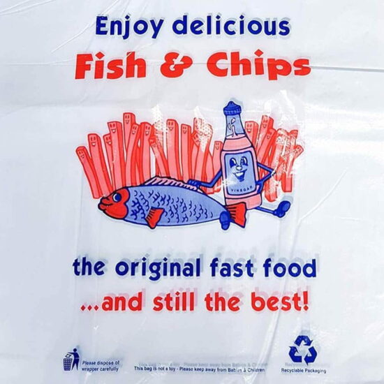 Medium Fish and Chips Printed Plastic Carrier Bag Medium Fish and Chips Printed Plastic Carrier Bag