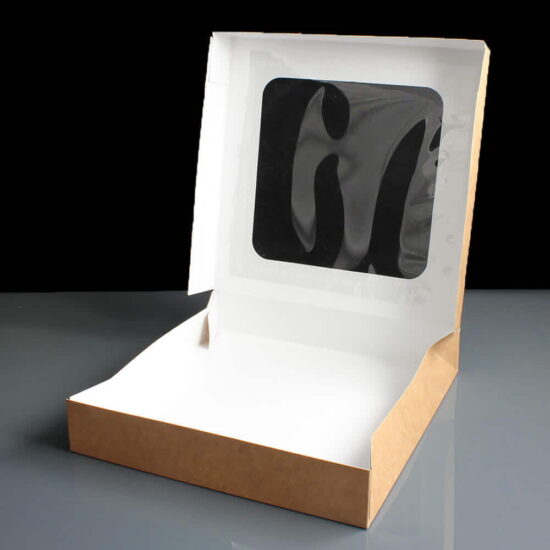 Kraft cardboard pie boxes with film lid open Kraft cardboard pie boxes with film lid open