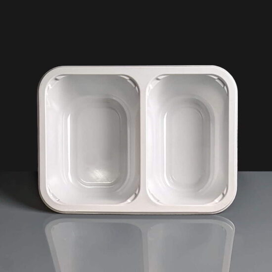 CPET Evolve 2 Compartment Dual Ovenable Tray - On Side CPET Evolve 2 Compartment Dual Ovenable Tray - On Side