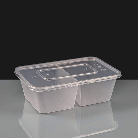 2 Compartment 750cc Clear Rectangular Plastic Container and Lid 