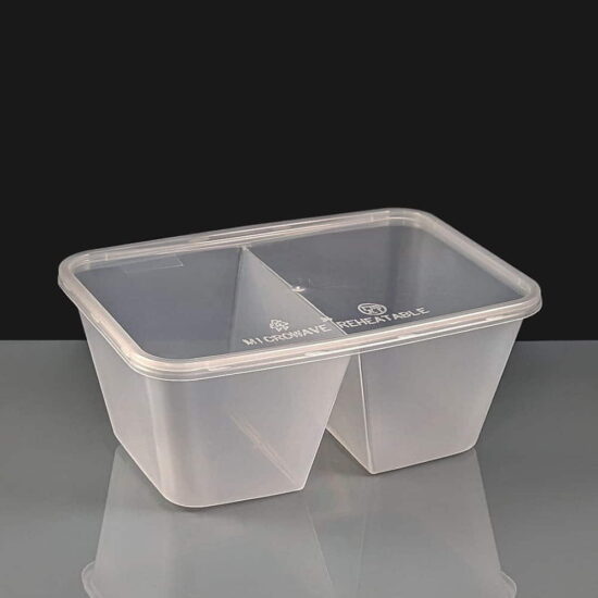 2 Compartment 1000cc Clear Rectangular Plastic Container and Lid 