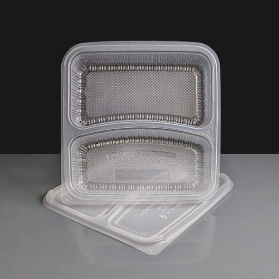 1100cc Clear 2 Compartment Rectangular Plastic Container and Lid Upright 1100cc Clear 2 Compartment Rectangular Plastic Container and Lid Upright