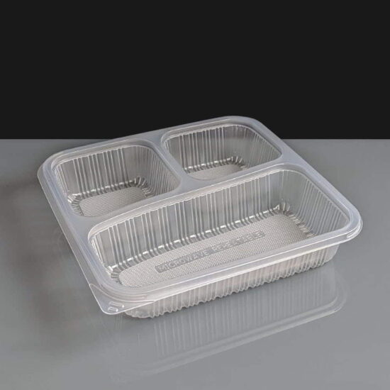 Clear 3 Compartment Rectangular Plastic Container and Lid Clear 3 Compartment Rectangular Plastic Container and Lid