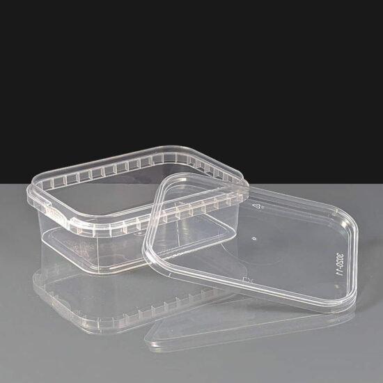 Rectangular 280ml clear tamperproof container lid off Rectangular 280ml clear tamperproof container lid off
