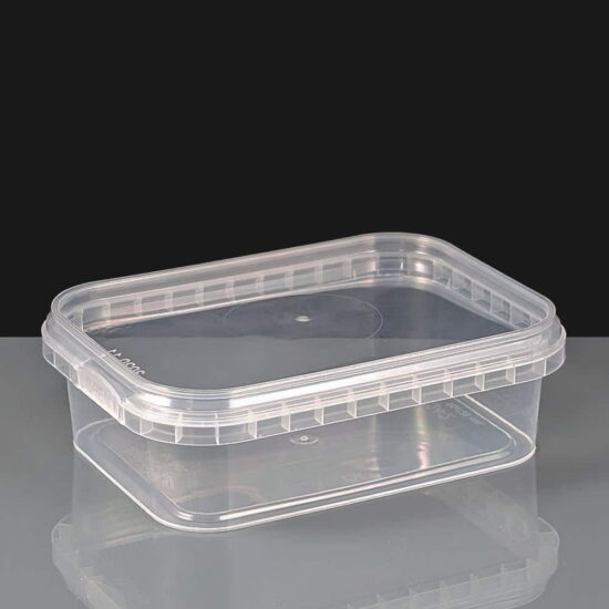 Rectangular 280ml clear tamperproof container and lids