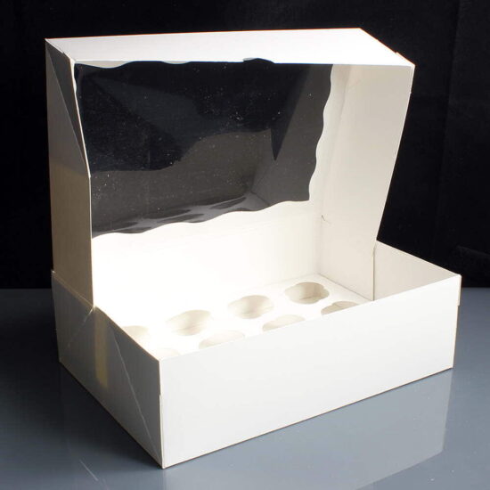 White 12 Cavity Mini Cupcake Boxes Film Window Open White 12 Cavity Mini Cupcake Boxes Film Window Open