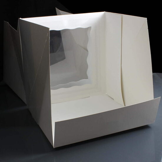 White Windowed Gateaux Cake Box 257mm / 10 inches Cubed Opened Up White Windowed Gateaux Cake Box 257mm / 10 inches Cubed Opened Up