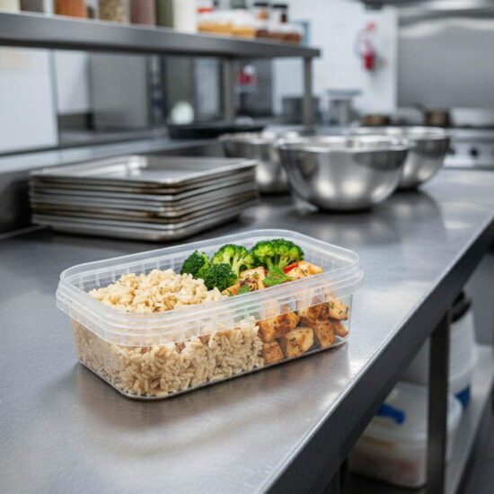 750cc Rectangular T/E Container Filled 750cc Rectangular Tamper Evident Container
